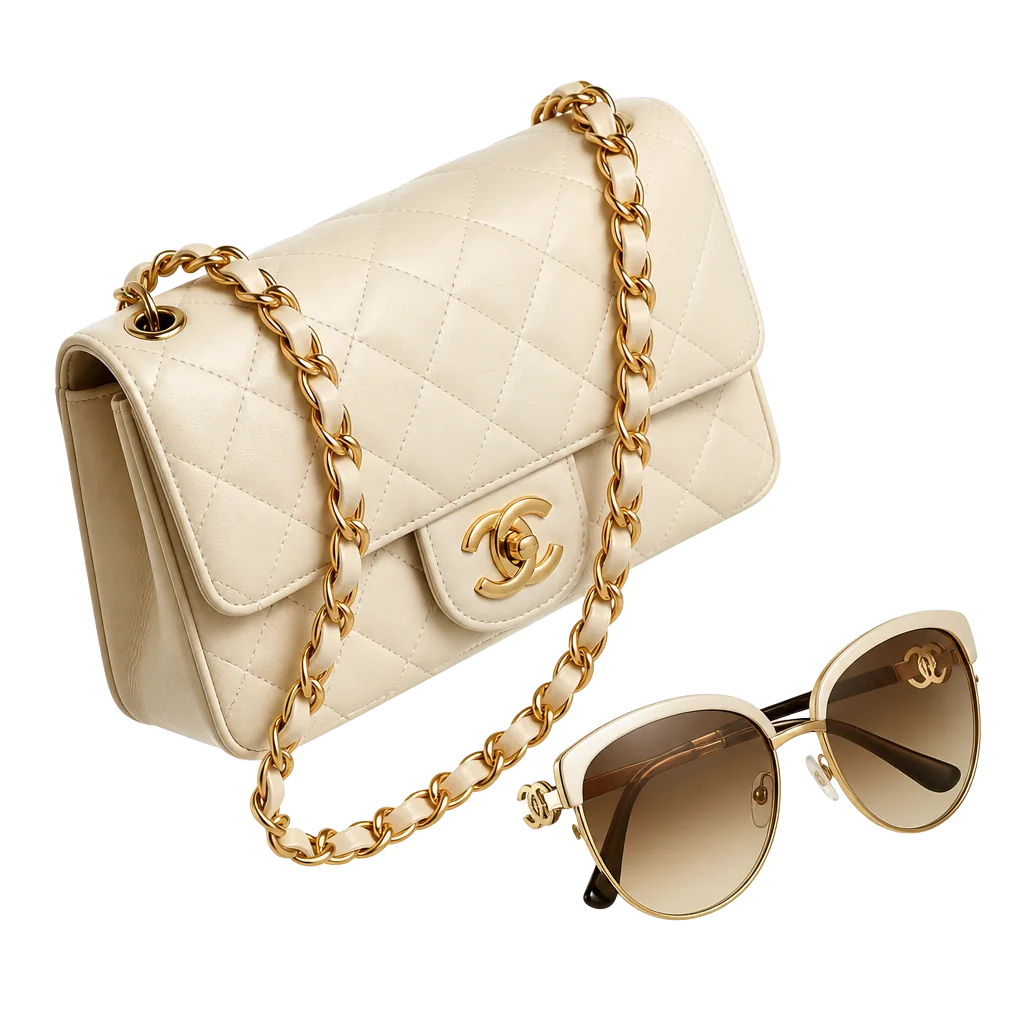 3D render of a quilted leather handbag with gold chain and designer sunglasses